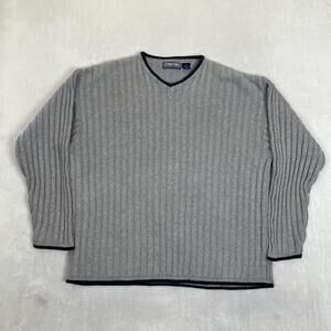 Vintage Structure Sweater Mens Medium Gray V Neck Ribbed Knit Pullover Y2K